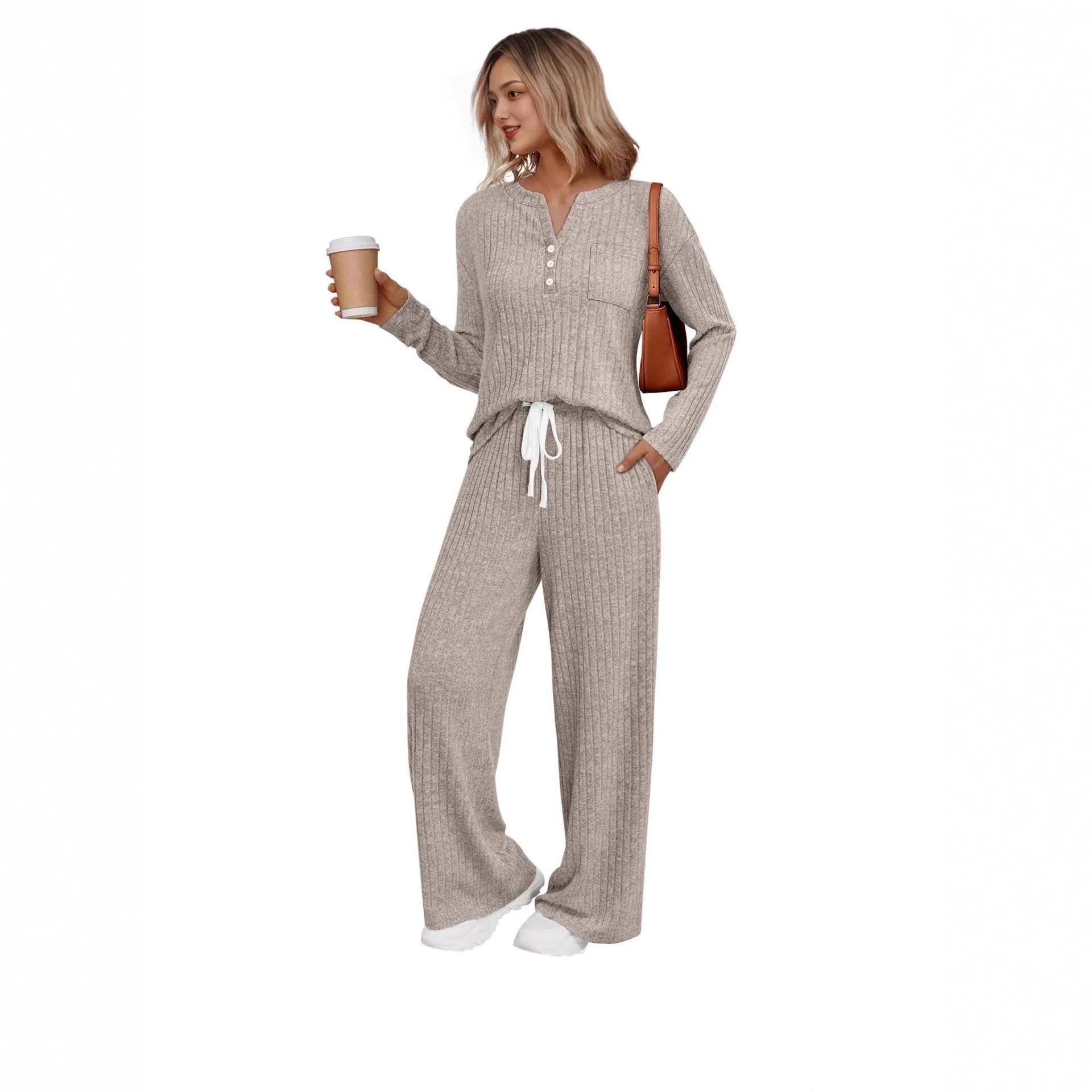 Women's V-neck knit long coat with lace-up detail and matching trousers in street fashion style