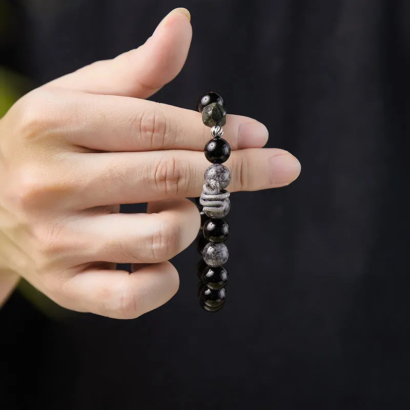 Men's S925 sterling silver bracelet with obsidian black crystal beads and snake zodiac modelling