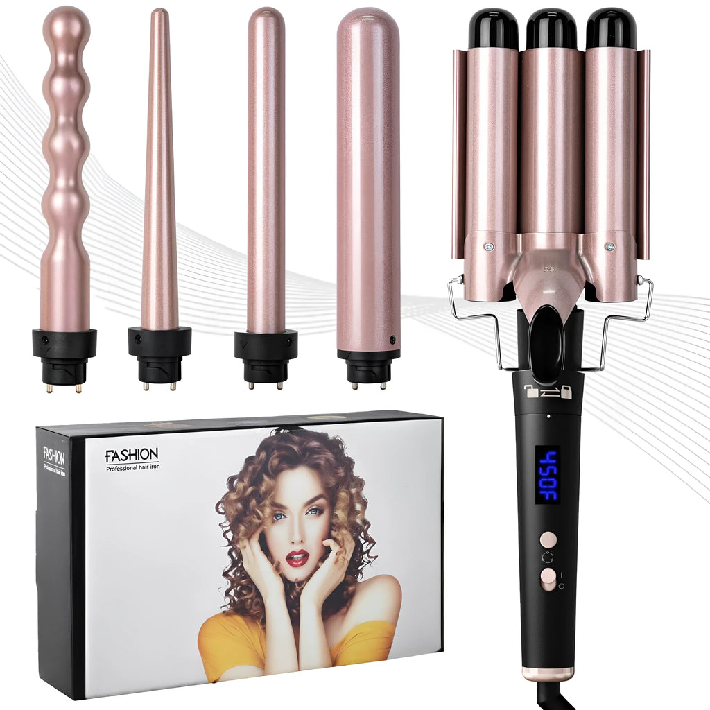 Rose gold five-in-one ceramic hair curler with LCD screen and heat-resistant glove