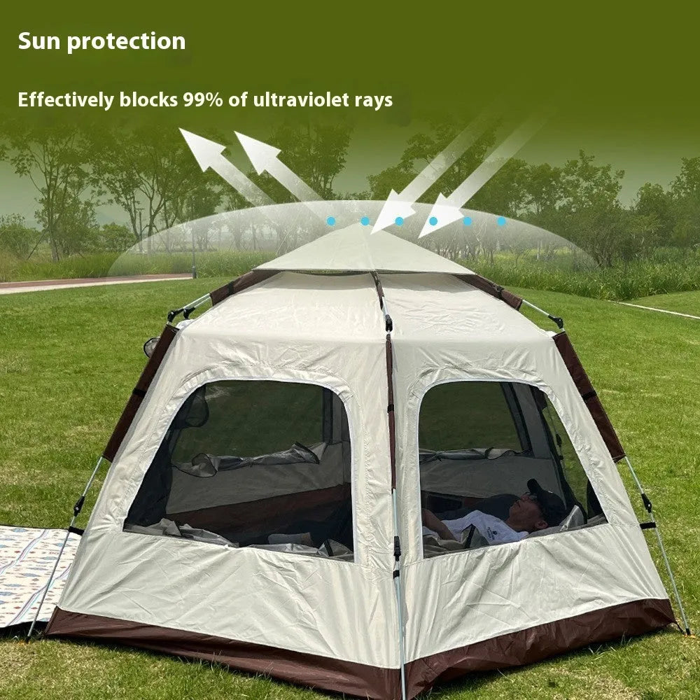 Large beige hexagonal camping tent 280x240x155cm with automatic setup in outdoor setting
