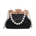 Women's woven straw shoulder bag with pearl chain strap in horizontal square shape showing sandwich pocket detail.