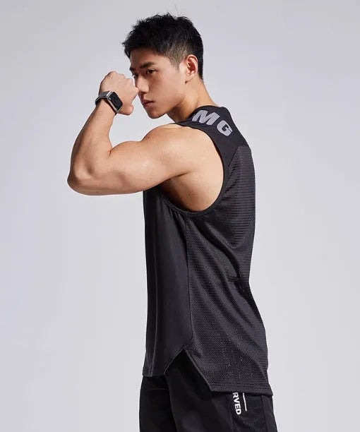 Men's loose fit mesh sports vest in black, blue, grey, or white