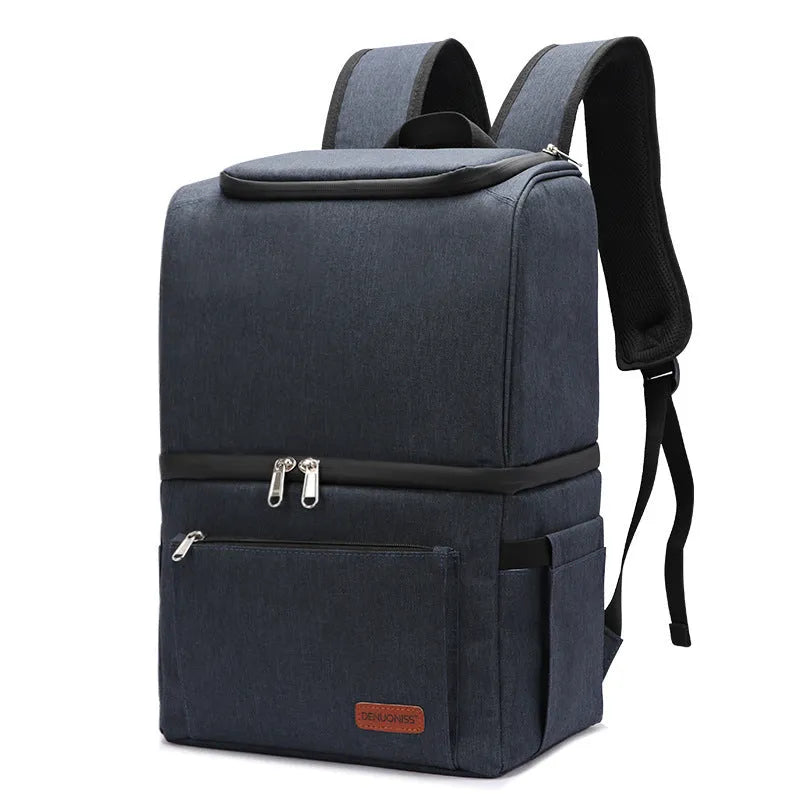Double layer insulated picnic backpack with ice pack in blue colour showing 22L capacity