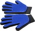 Blue pet grooming glove with silicone tips for dog cat horse hair removal during brushing and bathing
