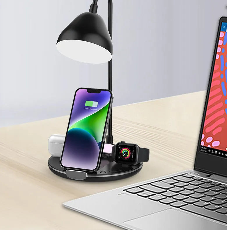 Magnetic folding wireless charger showing three panels with black plastic construction