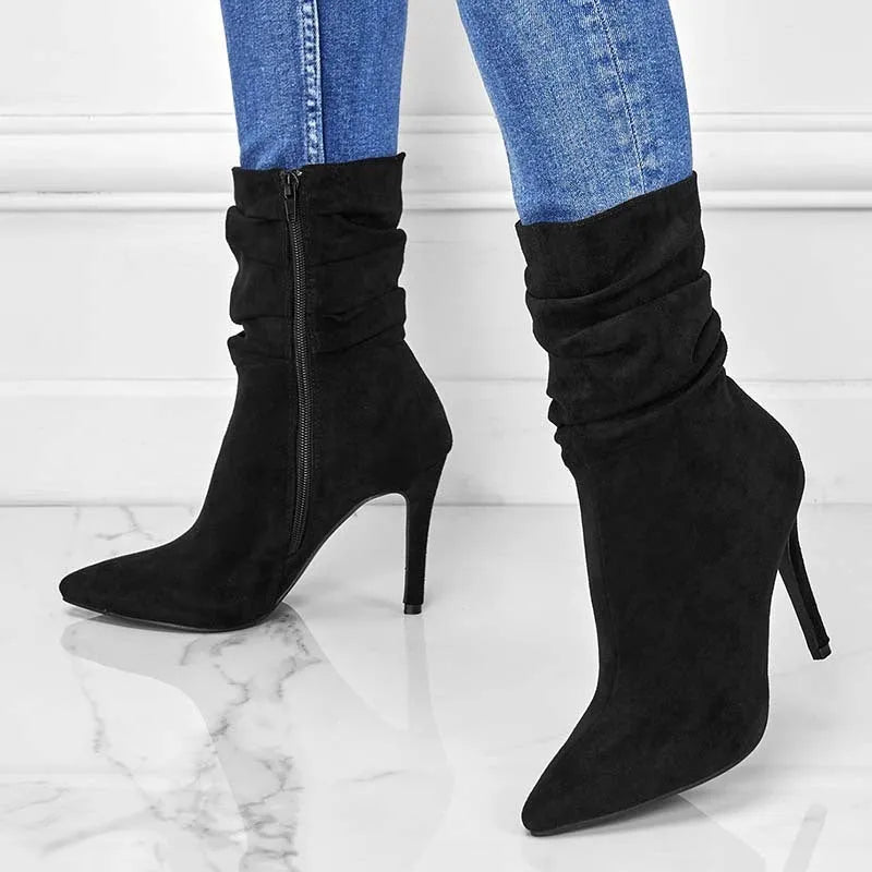 Women's pointed toe stiletto heel ankle boots with side zipper, suede upper, in black colour, car suture detailing