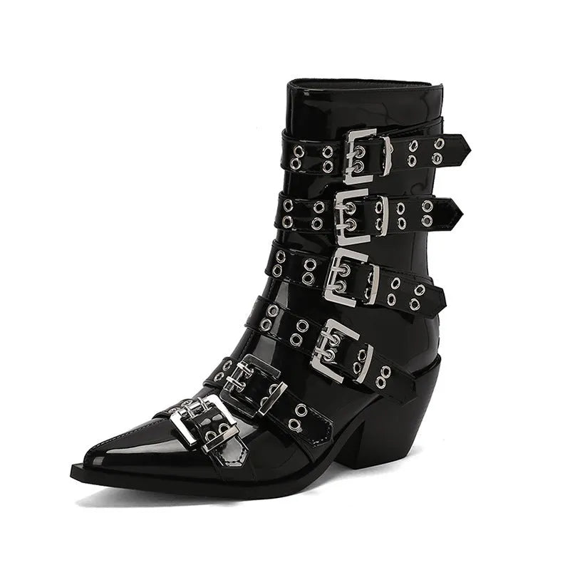 Women's pointed knight boots with belt buckle in black patent leather, side view, chunky heel, size up to 46