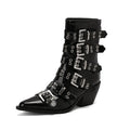 Women's pointed knight boots with belt buckle in black patent leather, side view, chunky heel, size up to 46