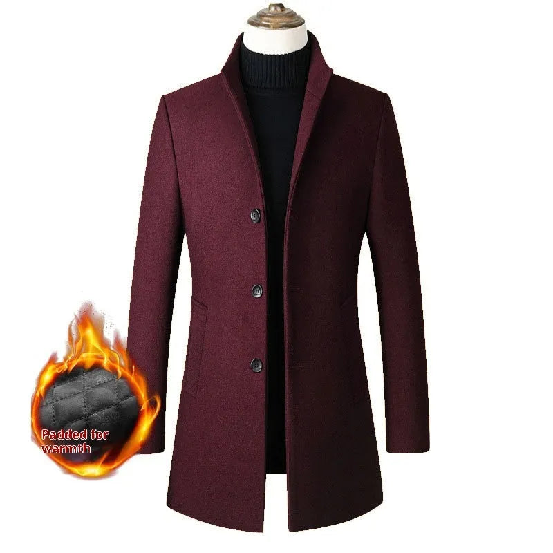 Men's single-breasted stand collar wool winter coat in solid colour front view