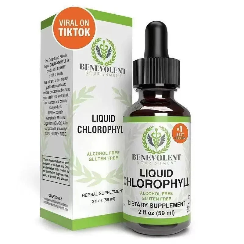 60ml bottle of liquid chlorophyll drops with dropper for adult body odor and intestinal care