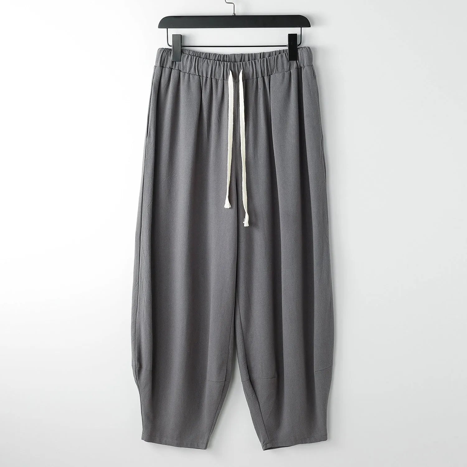 Linen harem pants for overweight men with ankle ties, elasticated waist, in khaki colour, size 3XL