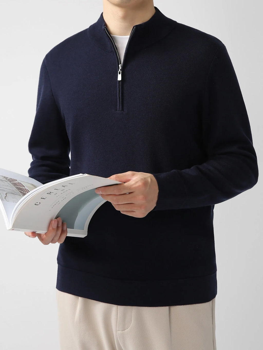 Men's merino wool zip stand collar sweater in regular fit, long sleeves, available in multiple colours
