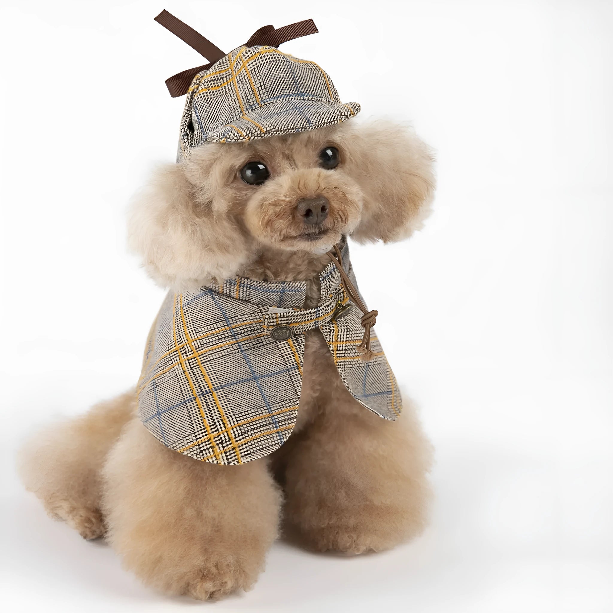 Camel-colour cotton detective cloak pet costume with adjustable hat on a small dog
