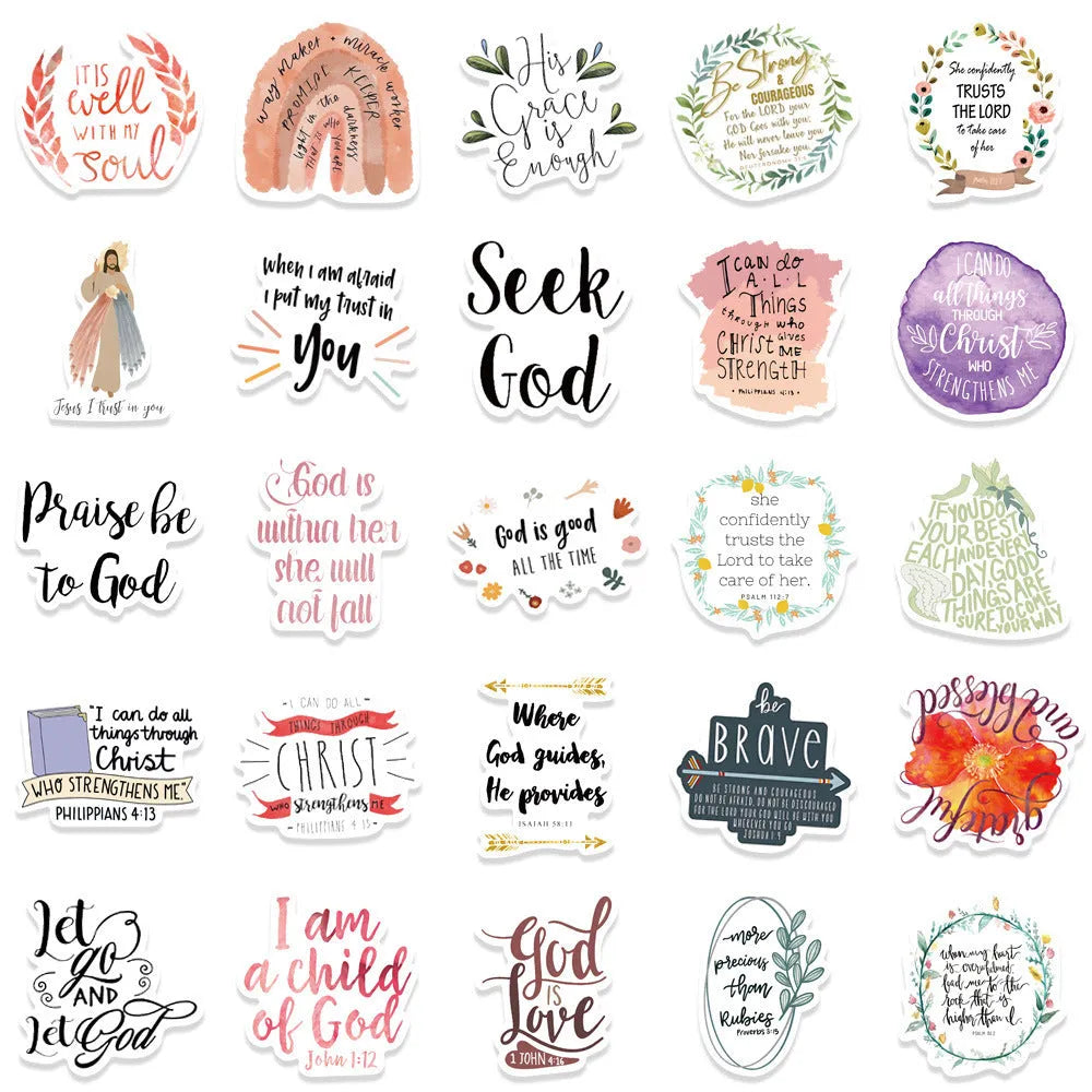 Pack of 50 assorted printed graffiti stickers with removable backing for personalising items.