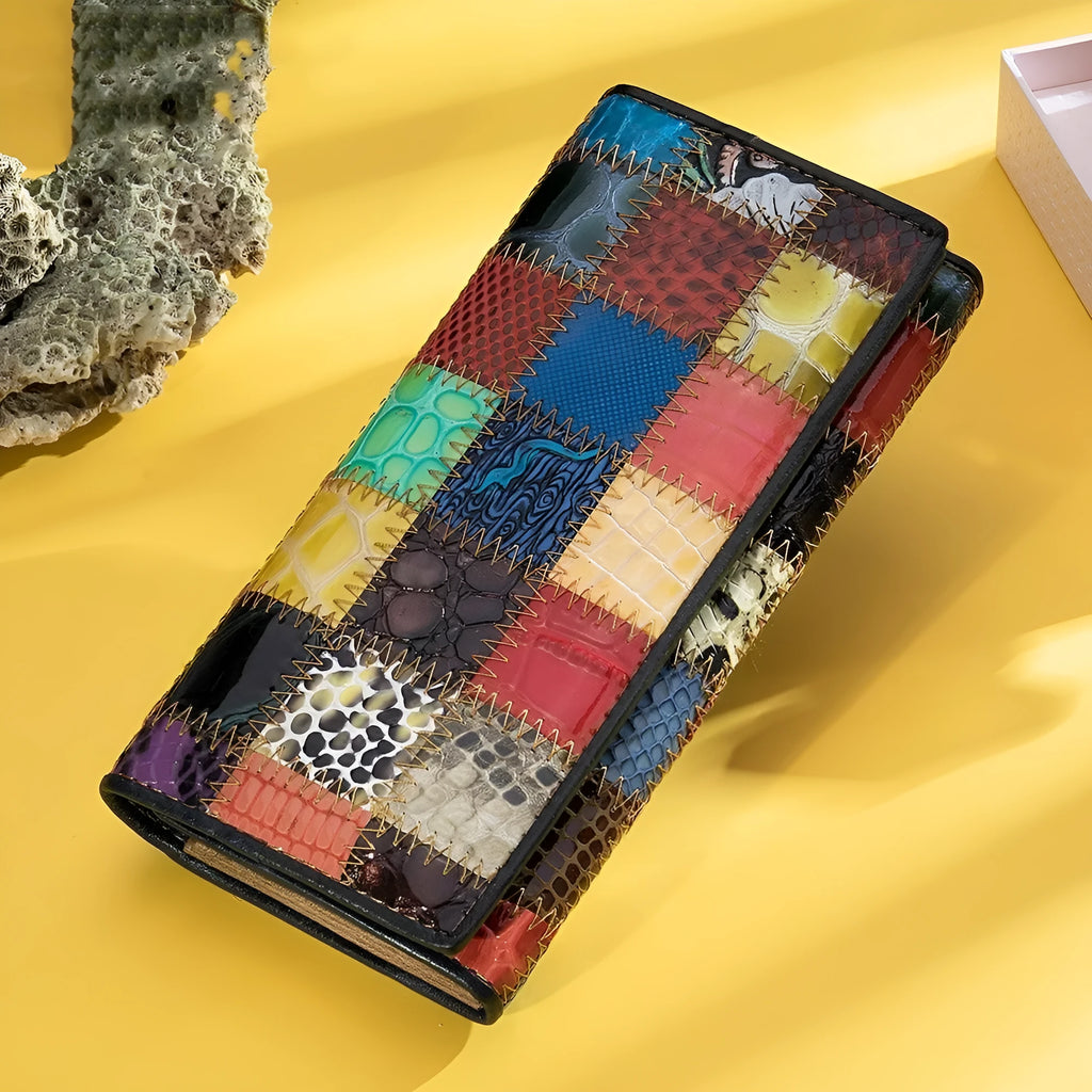 Women's genuine leather mid-length wallet with geometric stitching pattern, colour splicing, cowhide construction, street trend style