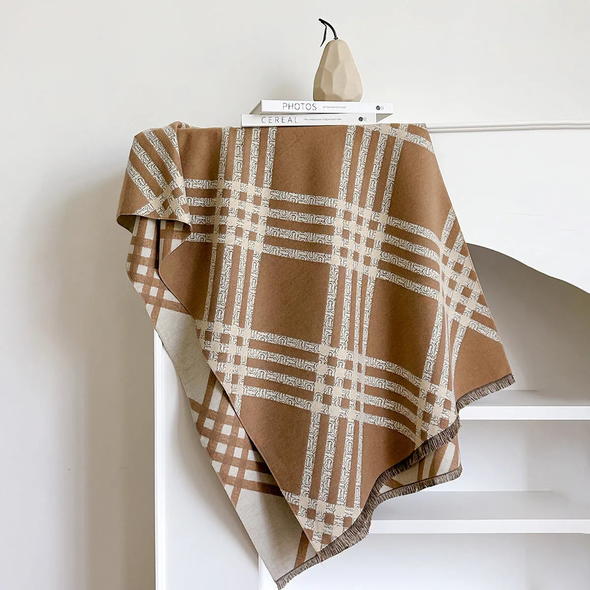 Imitation cashmere scarf with tassels in four colour options on mannequin