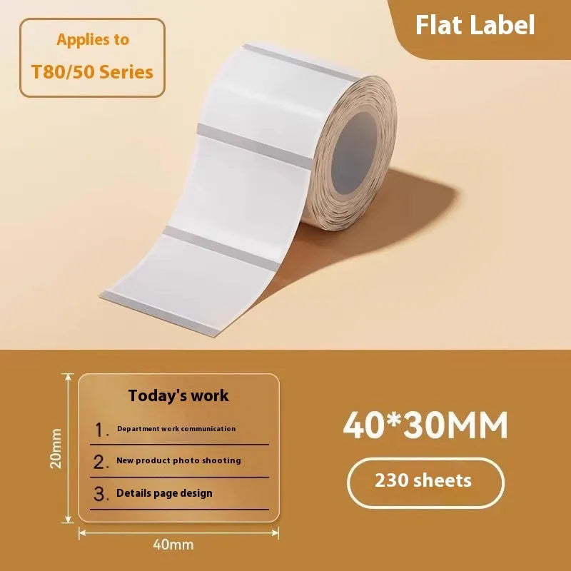 Transparent waterproof adhesive labels in multiple sizes on thermal synthetic paper sheets