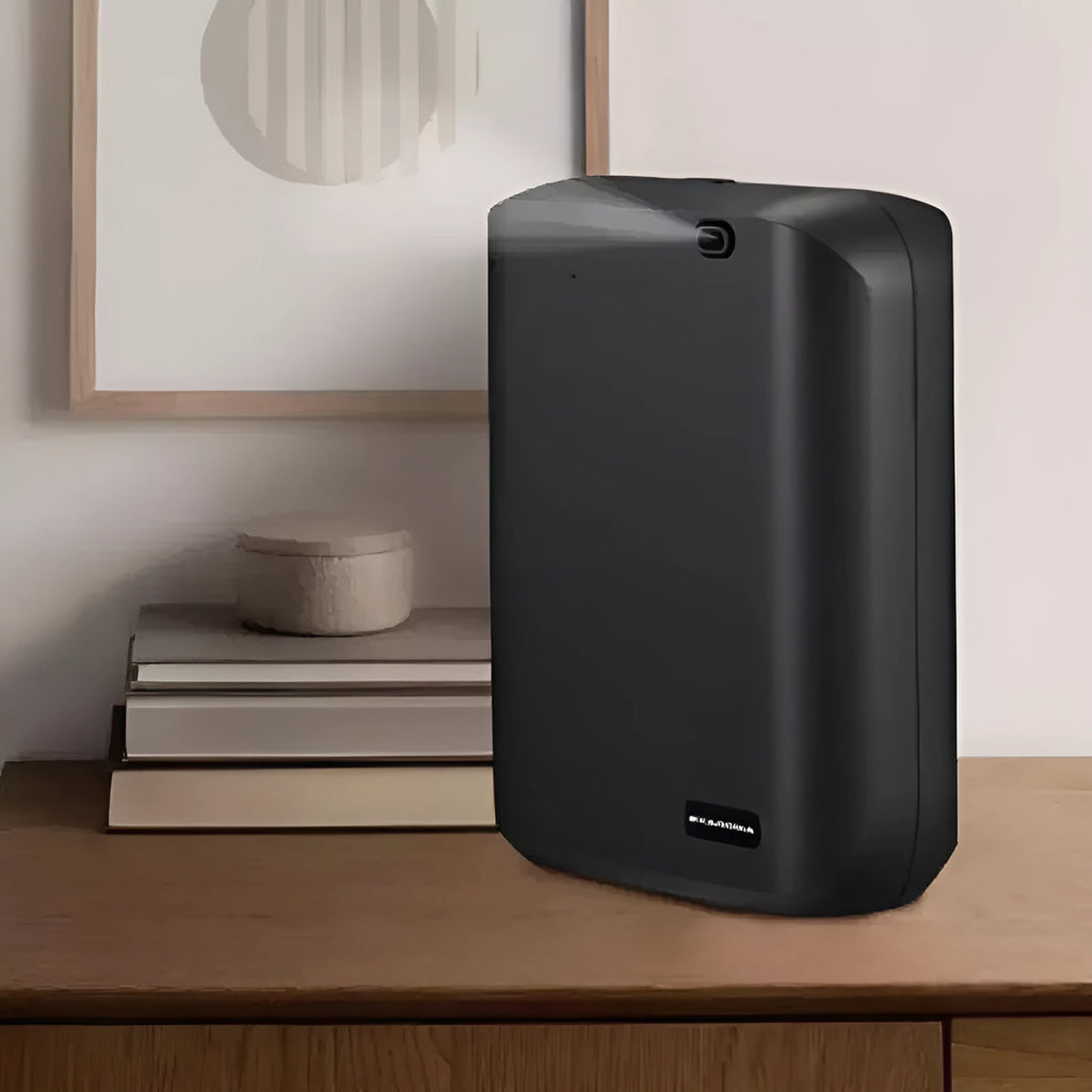 White wall mount HVAC essential oil diffuser with 150ml capacity and smartphone app control interface