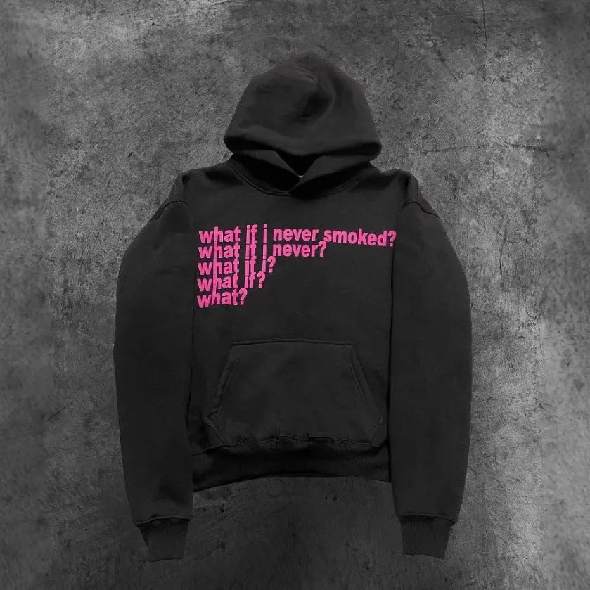 Black heavyweight hooded sweater with a graphic letter print on the front.