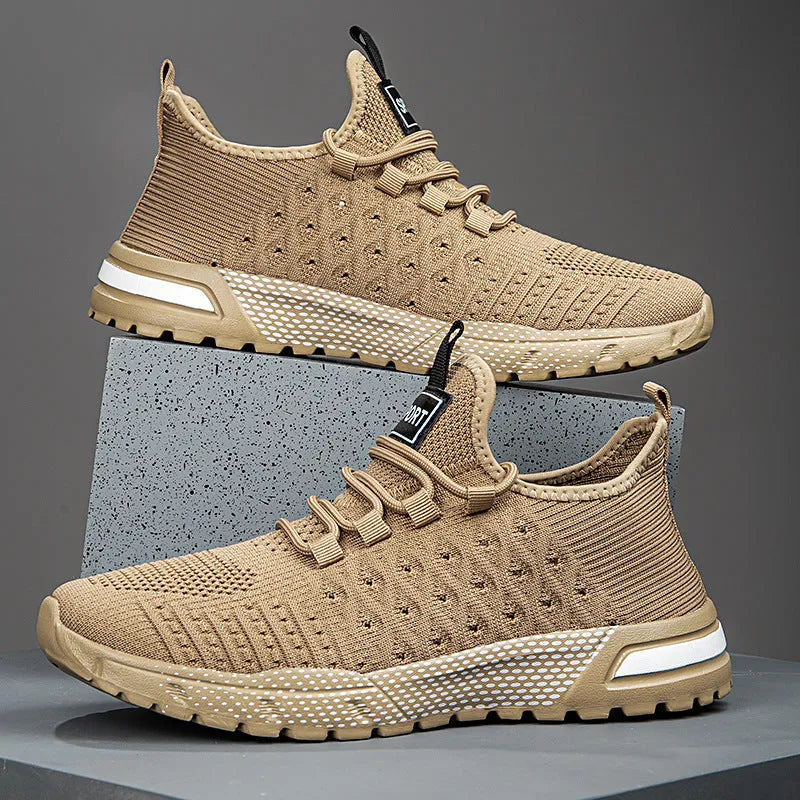 Men's solid colour casual shoes with mesh upper in Army Green, shown alongside black, gray, white, and khaki colour options.
