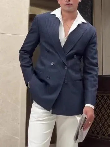 Men's classic striped double-breasted blazer in regular fit polyester for daily wear
