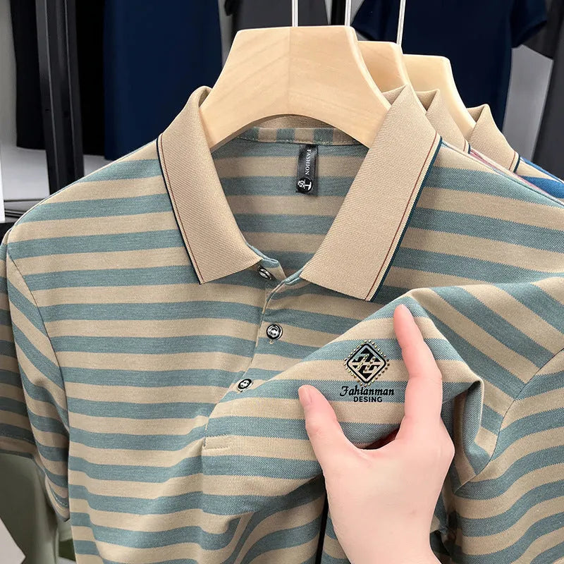 Men's striped short sleeve shirt with mosaic pattern in red, blue, or green colours