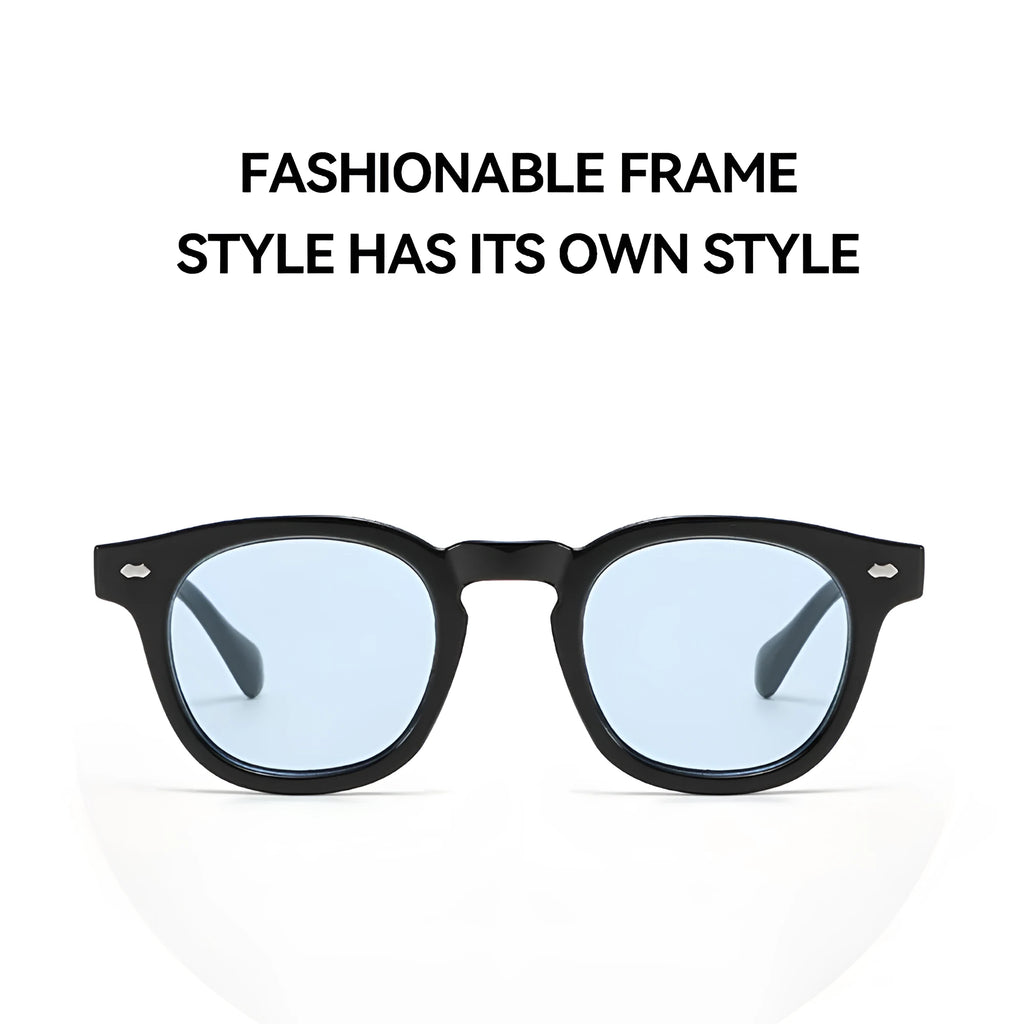 Simple round rim plastic sunglasses shown in a bright black frame with blue lenses on a plain background.