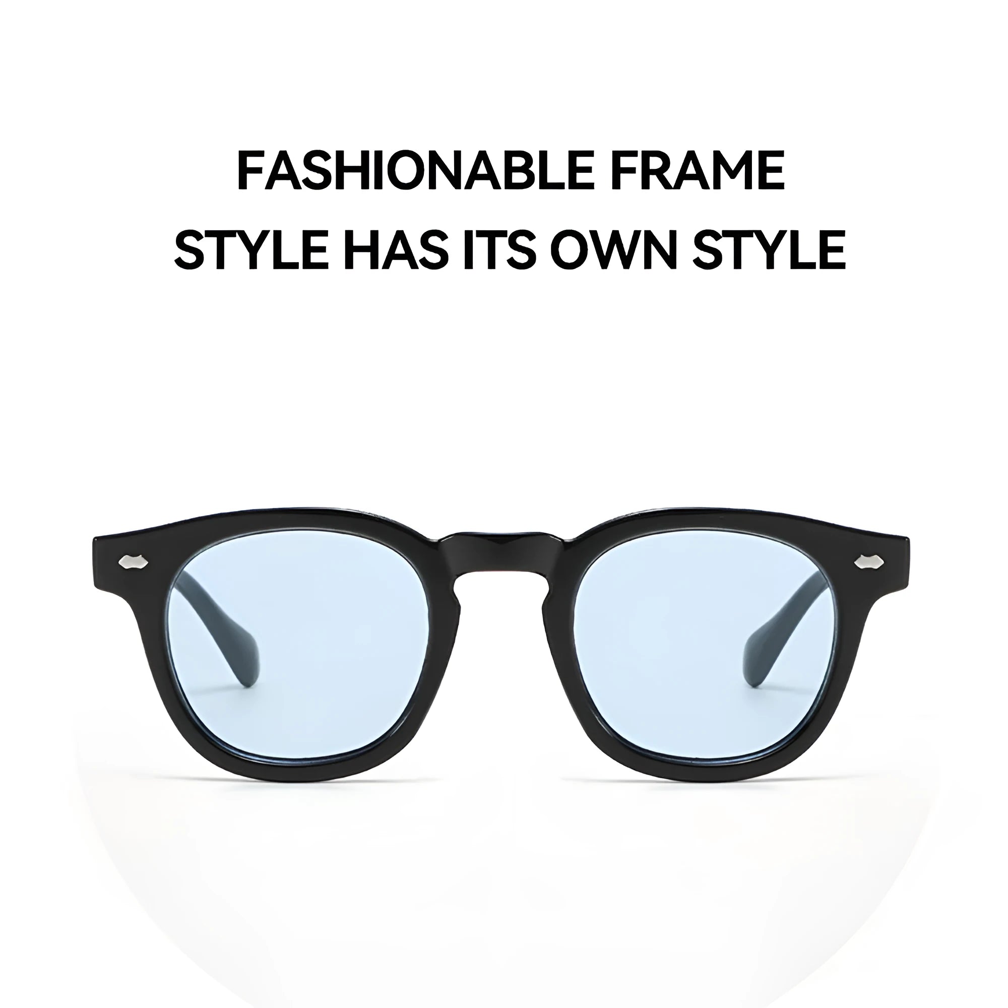 Simple round rim plastic sunglasses shown in a bright black frame with blue lenses on a plain background.