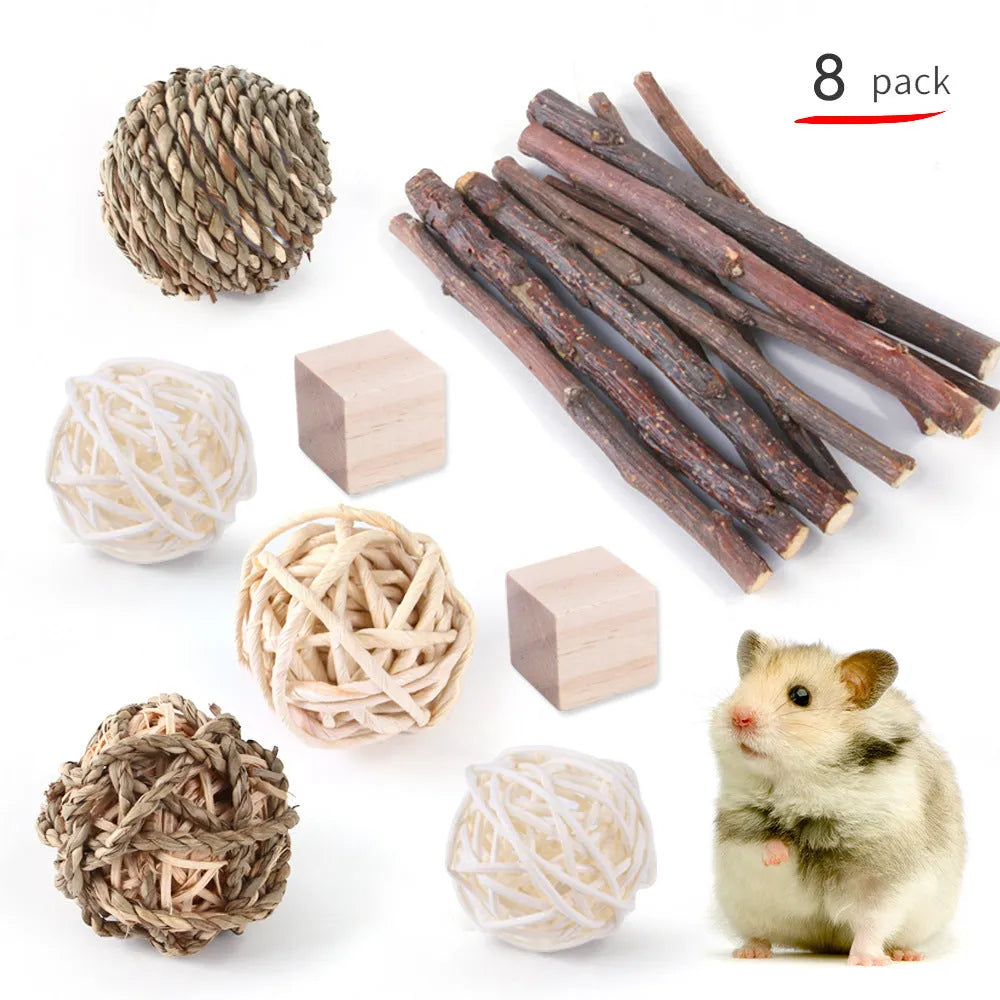 Wooden pet toy set with molar stick, straw mattress and woven balls for rabbits, guinea pigs and parrots