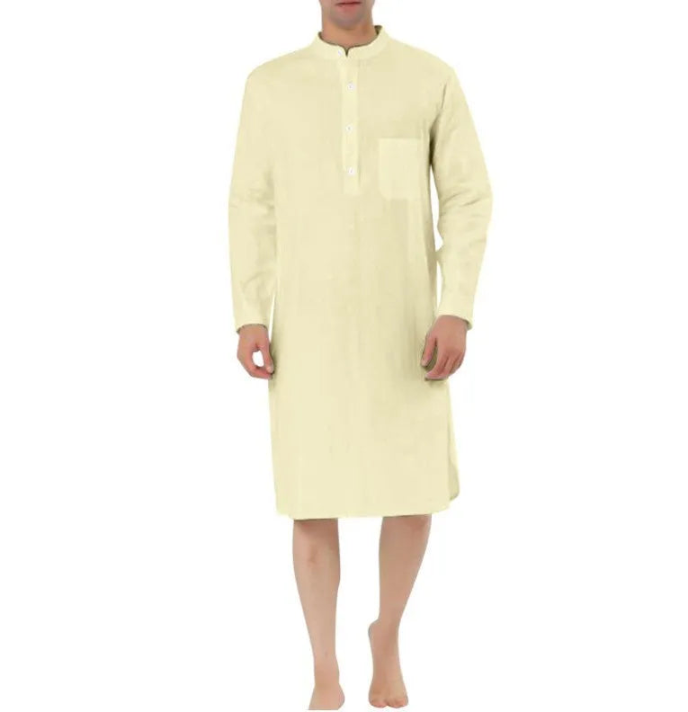Men's button-front cotton robe in light blue with large patch pockets, shown in size medium.