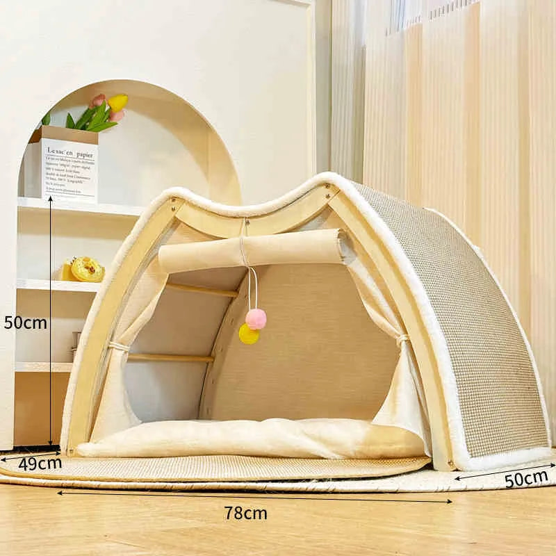 Windproof sisal cat tent with solid wood frame, large size, for indoor scratching and resting.