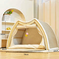 Windproof sisal cat tent with solid wood frame, large size, for indoor scratching and resting.