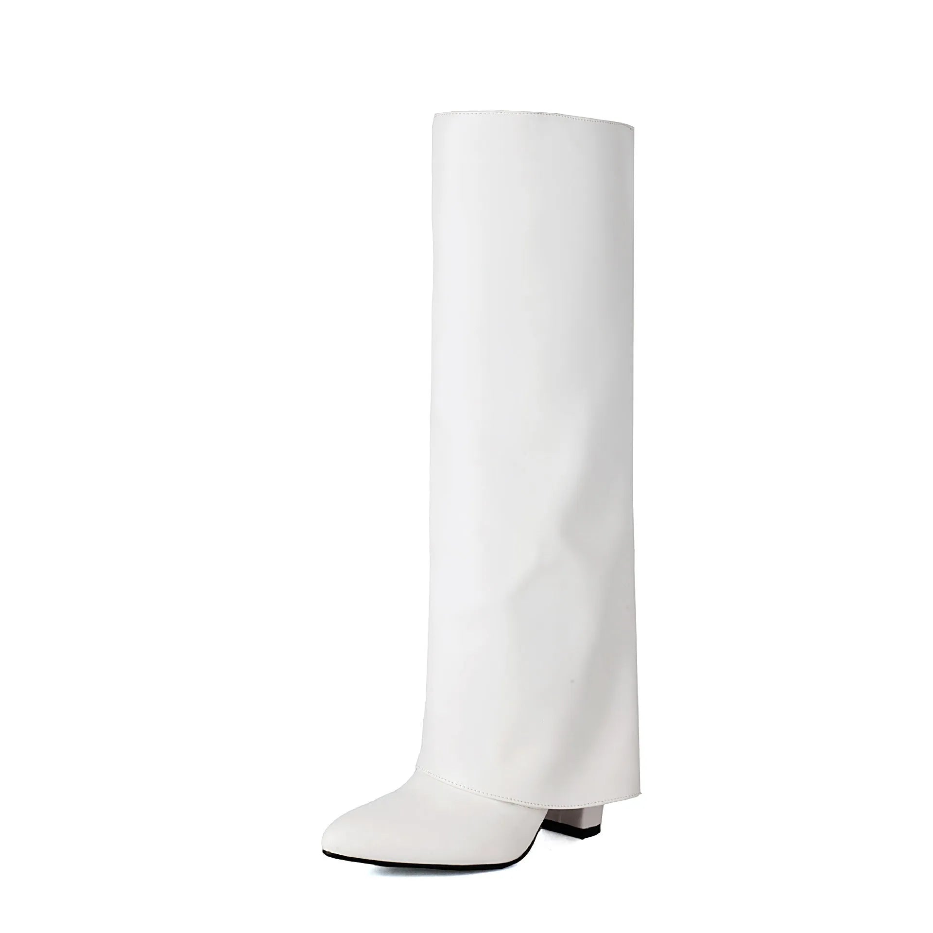 Women's plus size thick high heel boots in white, black or pink colours with high cylinder sock length