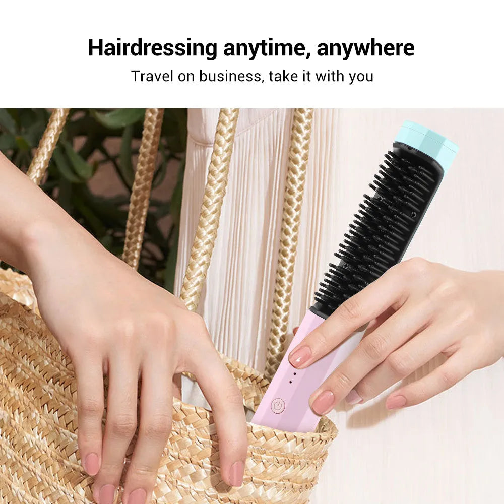 Cordless rechargeable straightening comb in pink, with ABS nylon body and USB charging cable