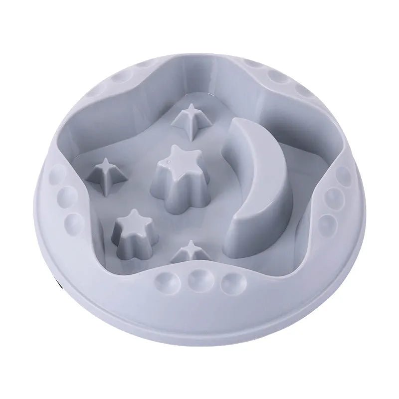 Moon star wings design slow feed dog bowl with interior ridges, non-slip base, in blue colour