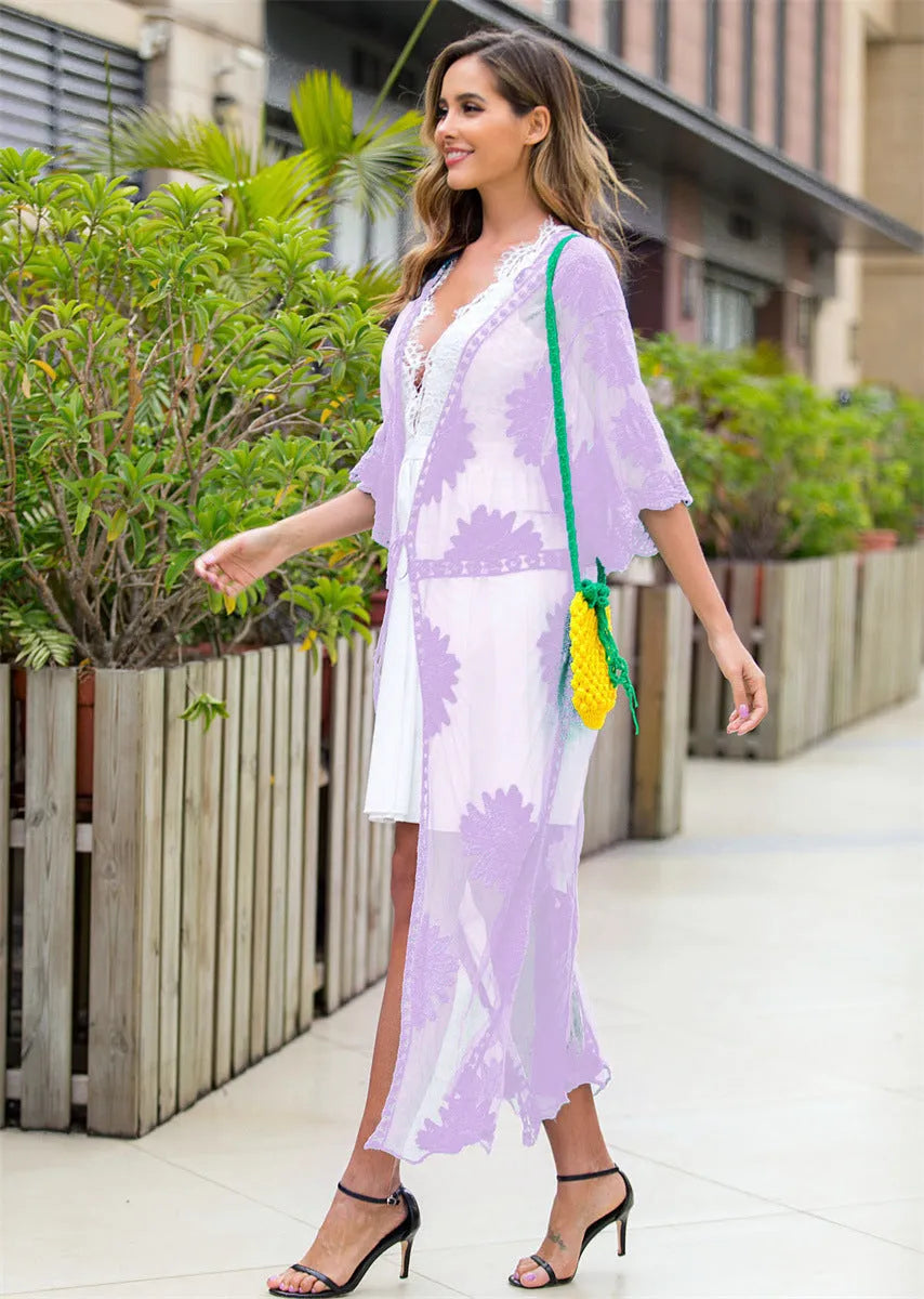 Light purple cotton women's beach dress with lace embroidery detail.
