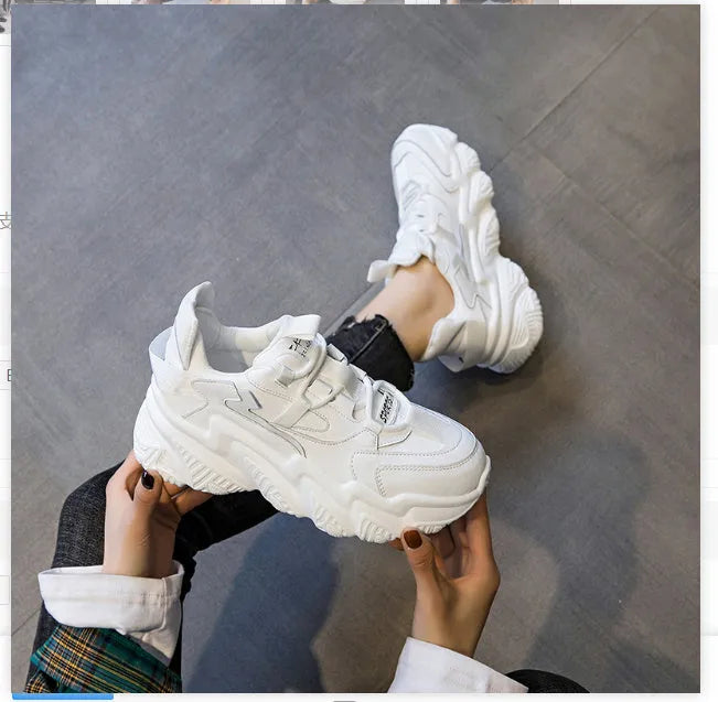 Women's black thick-sole sports casual shoes with round toe and cow leather upper