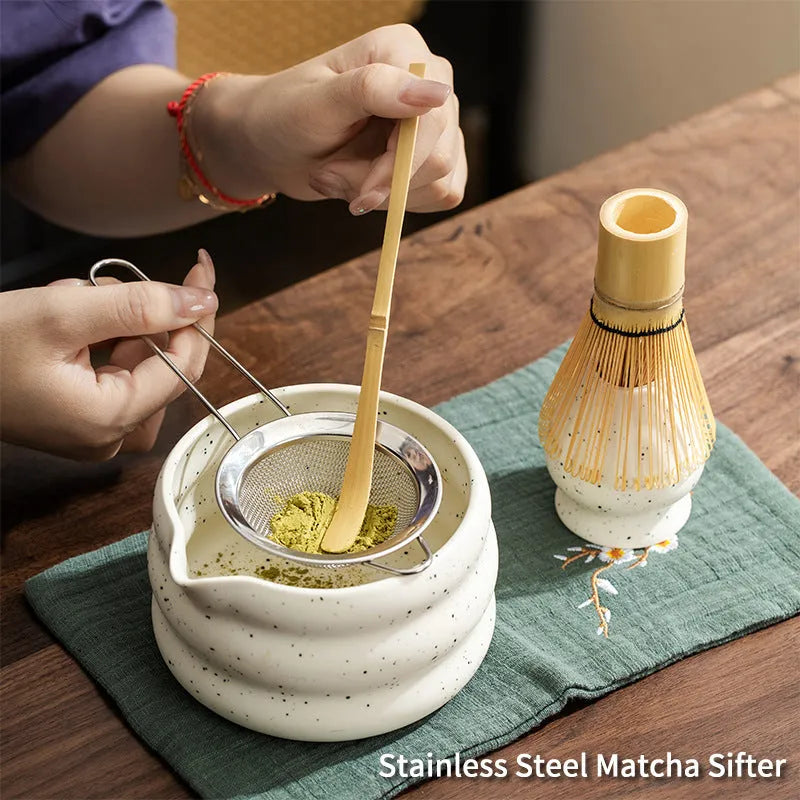 Ceramic matcha stool bowl set with sand point finish in four colours blue green purple white