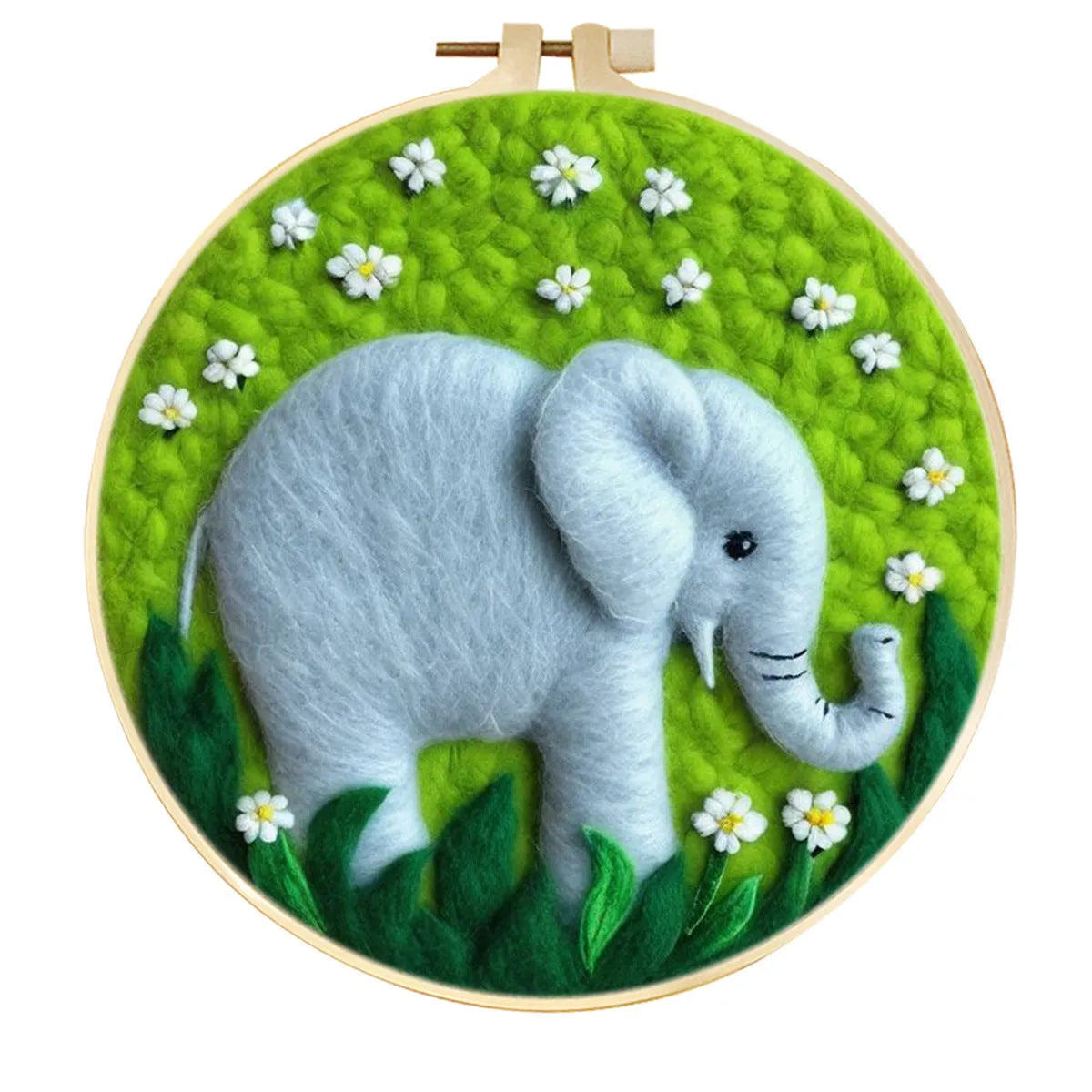 Round 20x20 cm linen embroidery kit with wool felt pieces for floral design and included embroidery frame.