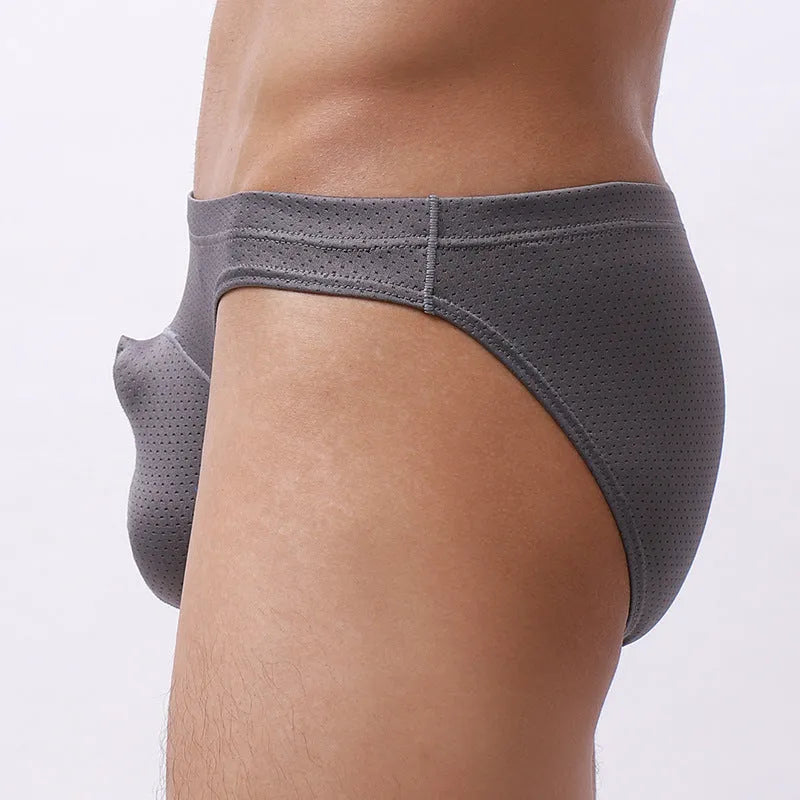 Men's transparent loose nylon underwear in blue, shown on a size chart.