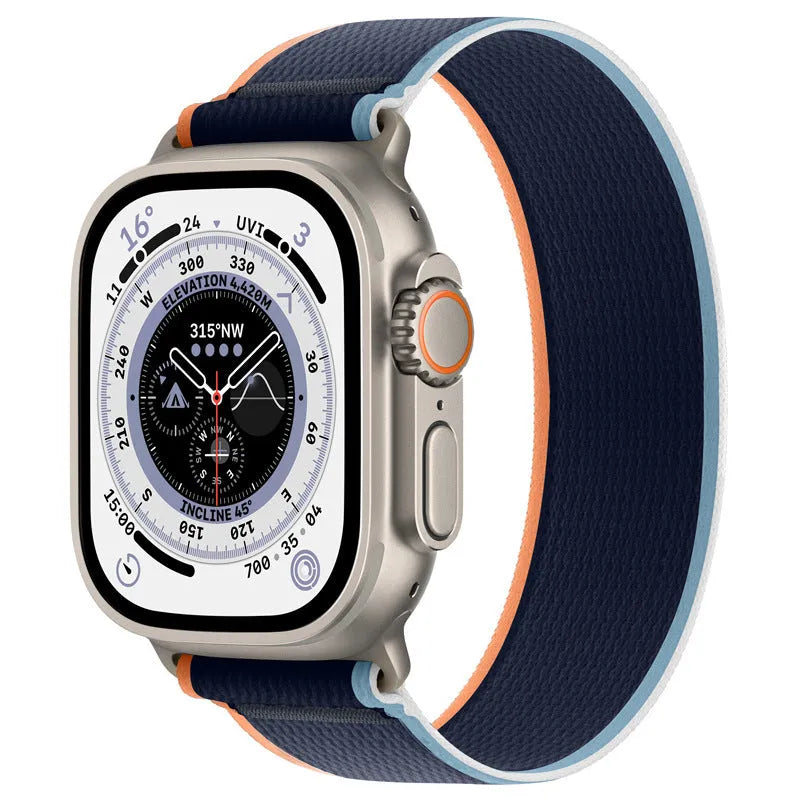Nylon single ring watch strap for Apple Watch in multiple colour options on a grey background.
