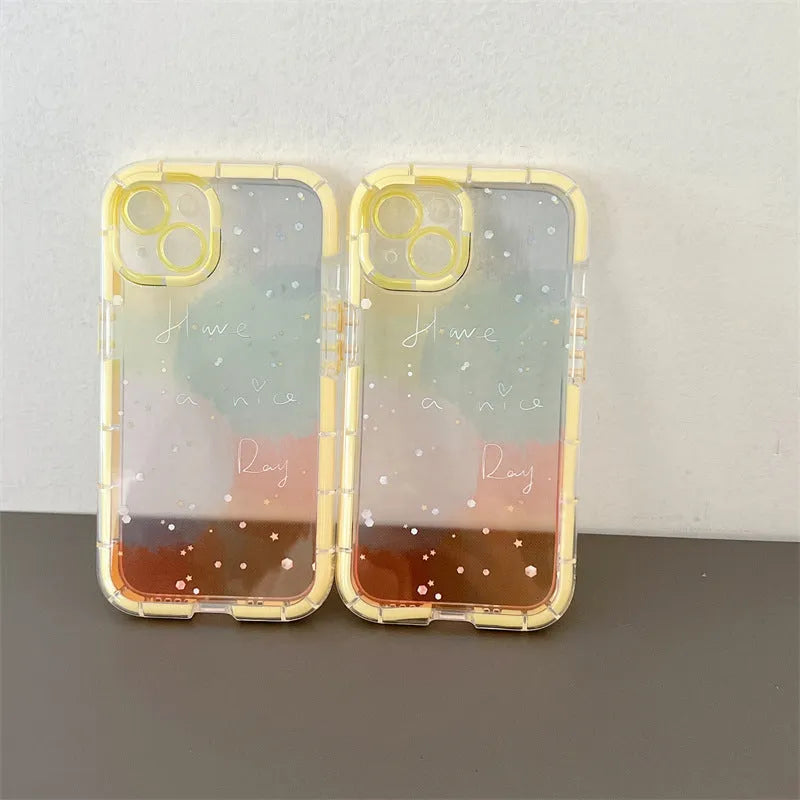 Minimalist iPhone 14 silicone case with a yellow edge on a dark background.