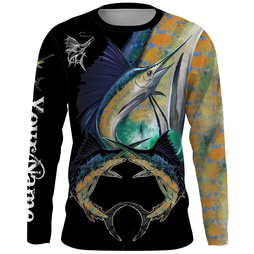 Men's grey round neck pullover top with an all-over printed fish pattern on the front and sleeves.