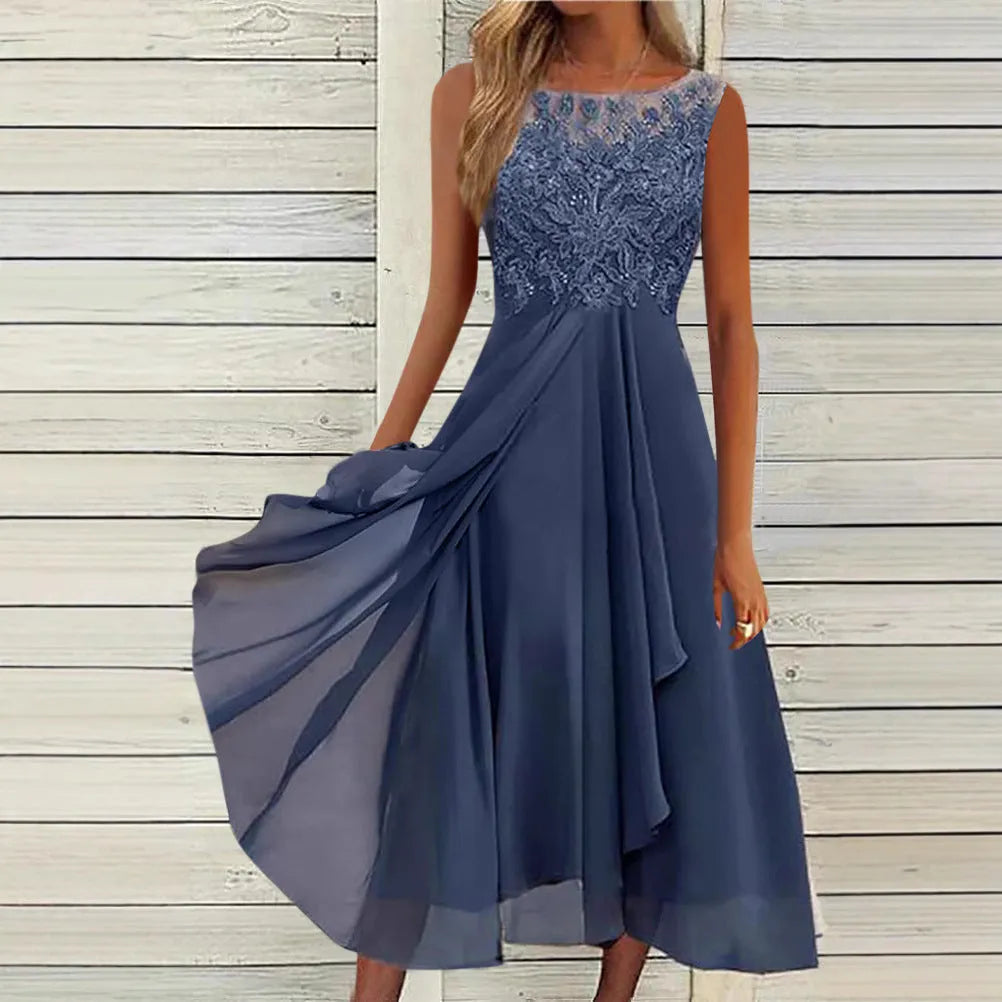 Women's sleeveless lace chiffon dress in green, purple, or blue with hollow-out stitching.