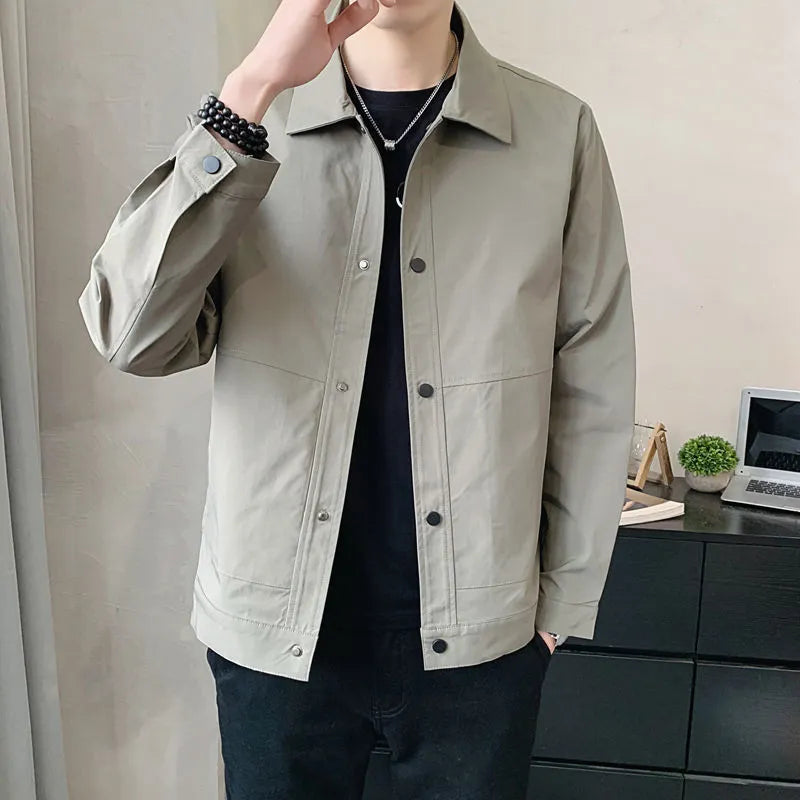 Korean style men's thin single-layer polyester jacket in light grey, showing front view.