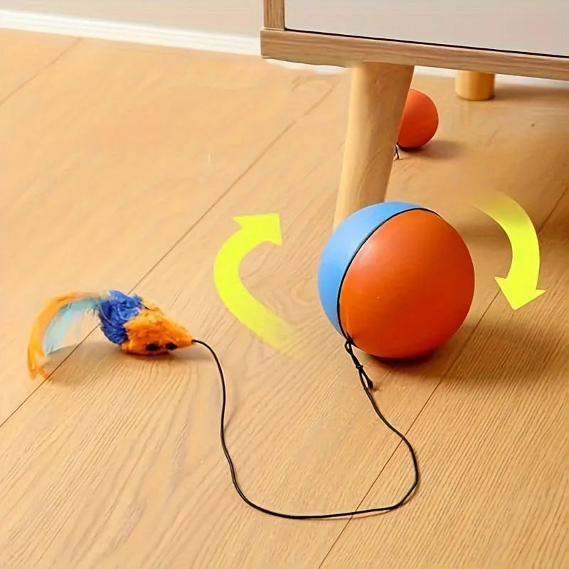 Blue and orange interactive cat toy ball with plush mouse interior and feather wand teaser for feline exercise