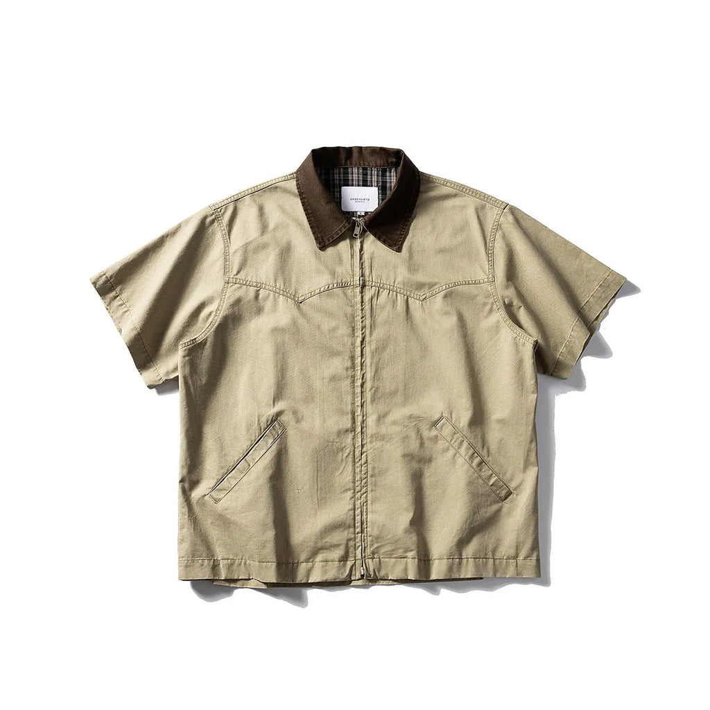 Men's khaki washed overalls cotton shirt with short sleeves in loose cardigan style