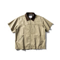 Men's khaki washed overalls cotton shirt with short sleeves in loose cardigan style