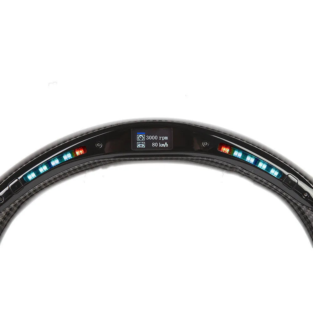 Black carbon fibre BMW steering wheel with LED display and heating controls