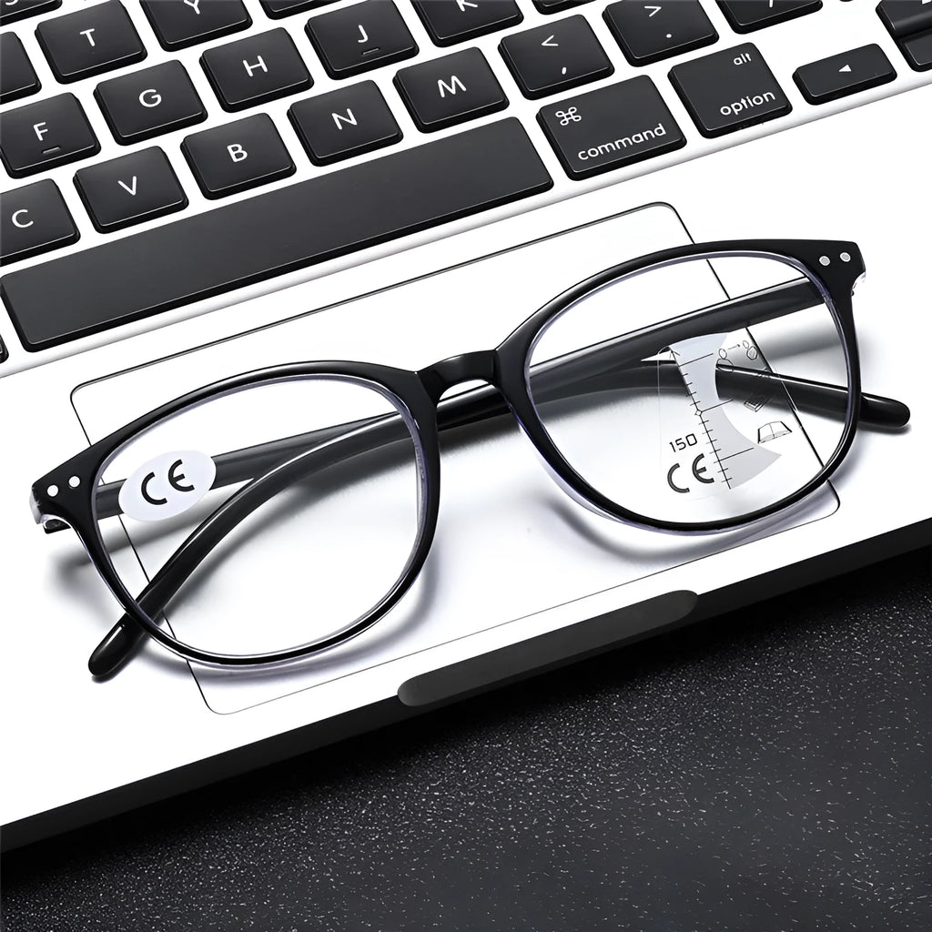 Woman wearing ultra-light multi-focus reading glasses in a Champagne Box frame colour, suitable for presbyopic vision correction.